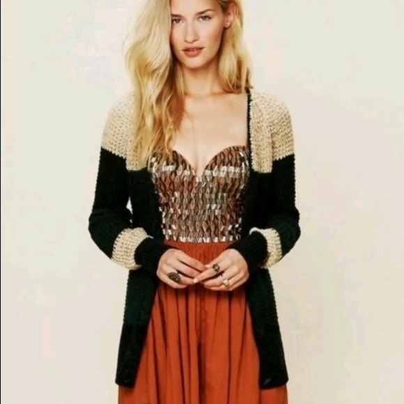 Free People Sweaters - Free People rugby black green tan colorblock V-neck button up cardigan sweater